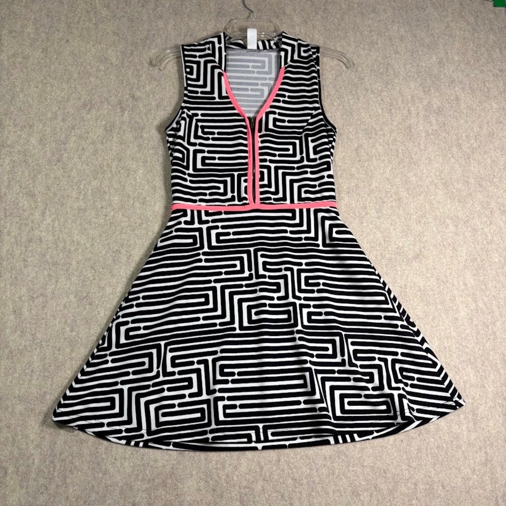 vfish Dress Wmn XS Black White Poly Spandex Fit Flare Zip Geometric Mod Pockets